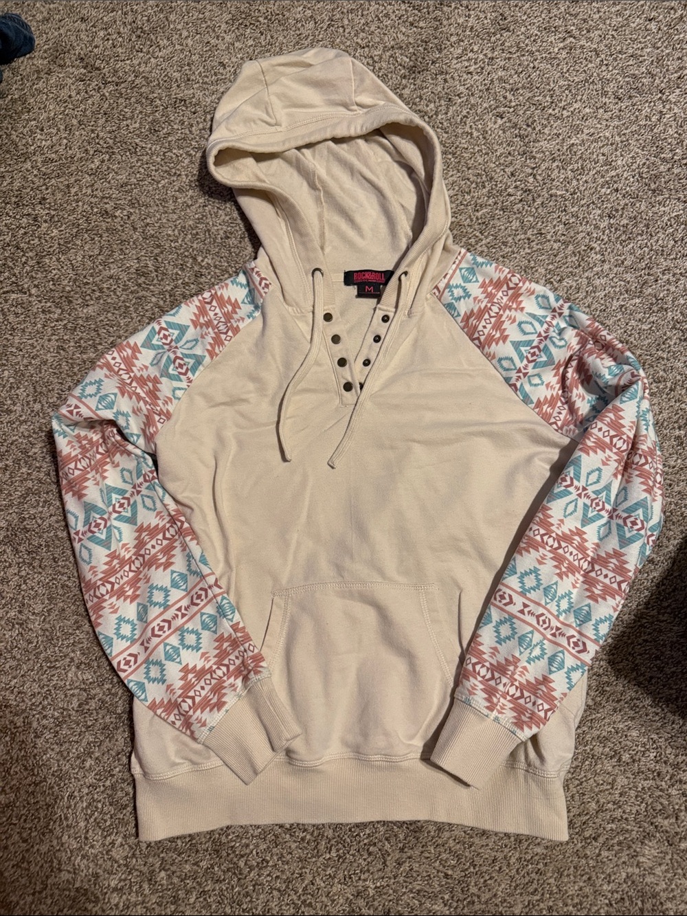 Rock & Roll Cowgirl Cream Hoodie with Aztec Print Sleeves
